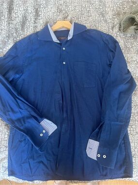 Eterna Men's Navy Blue Long-Sleeve Dress Shirt with Contrast Trim Size L 16/2